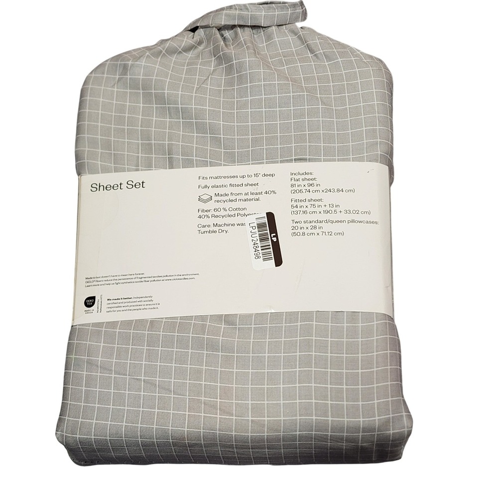 Room Essentials Full‎ Sheet Set Gray White Windowpane Grid Cotton Blend Sateen - Picture 2 of 5